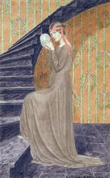 球体を保持している審美的なスタイルのドレスの若い女性、1894